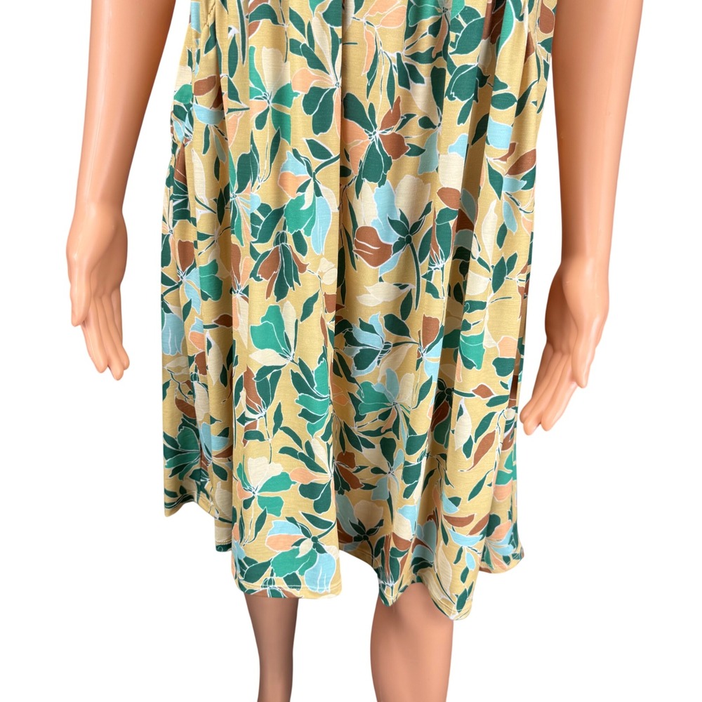 BOMBOM Yellow Green Floral Leaf Print Babydoll Dress Small DA1408 USA Made - Picture 4 of 10